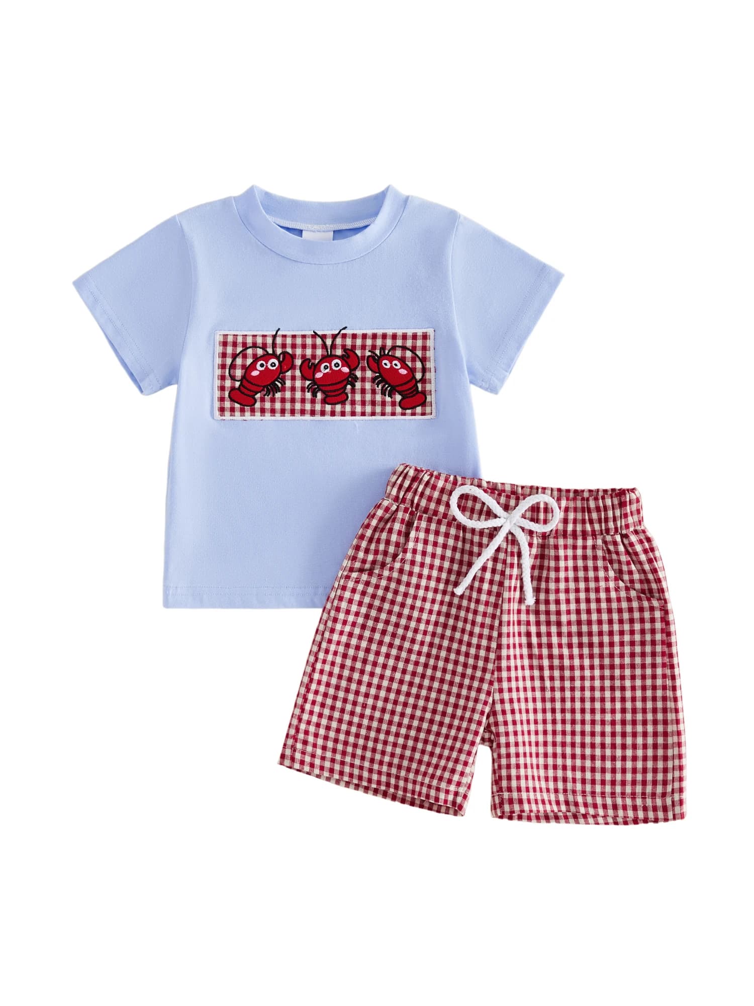 Adorabile completo da neonato con maglietta ricamata con simpatico granchio e pantaloncini a quadretti - Set estivo in 2 pezzi per bambini piccoli