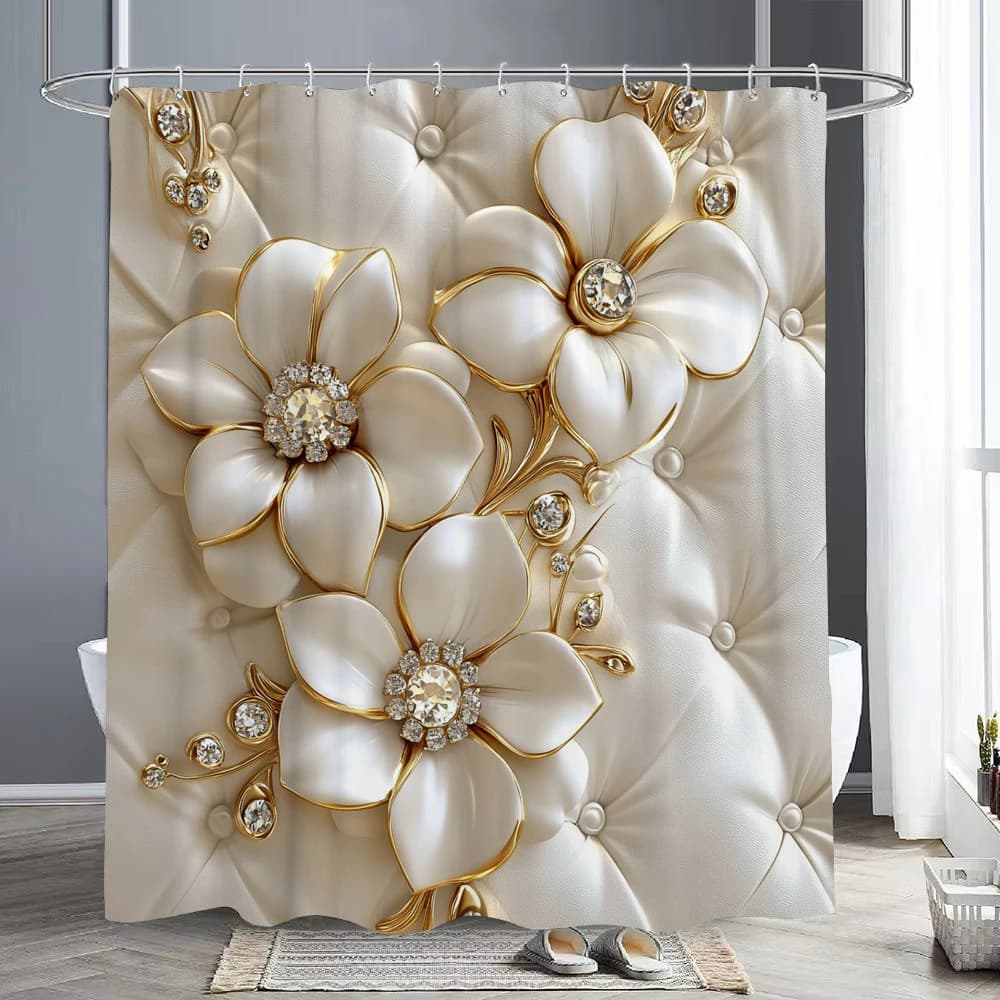 Tenda da Doccia Creativa con Fiori di Camelia in Rilievo, Tenda Decorativa per Bagno, Tenda da Doccia Impermeabile con Ganci