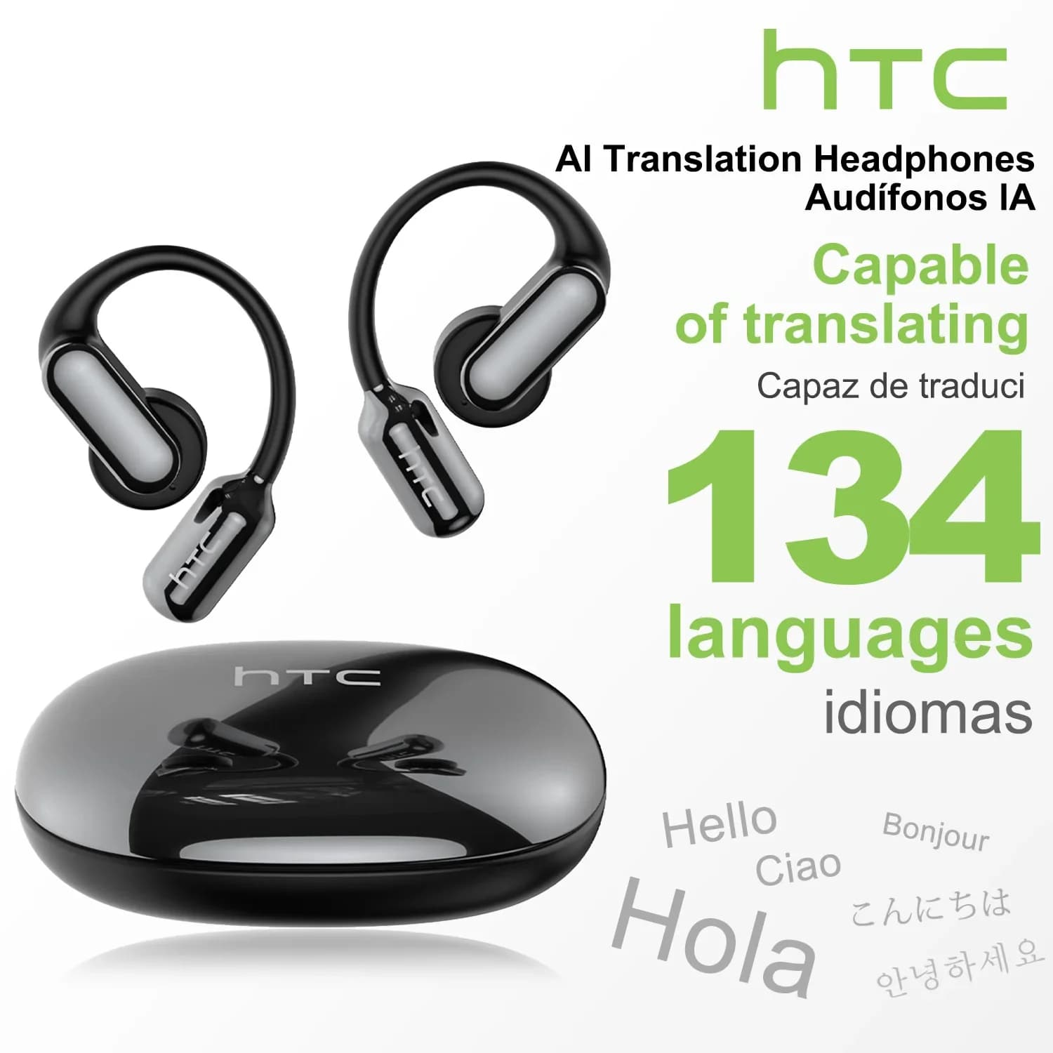 【Batteria sostituibile】 Auricolare Bluetooth HTC NE50 Auricolari per traduzione AI Comodo gancio per l'orecchio Cuffie wireless per bassi HD con microfono