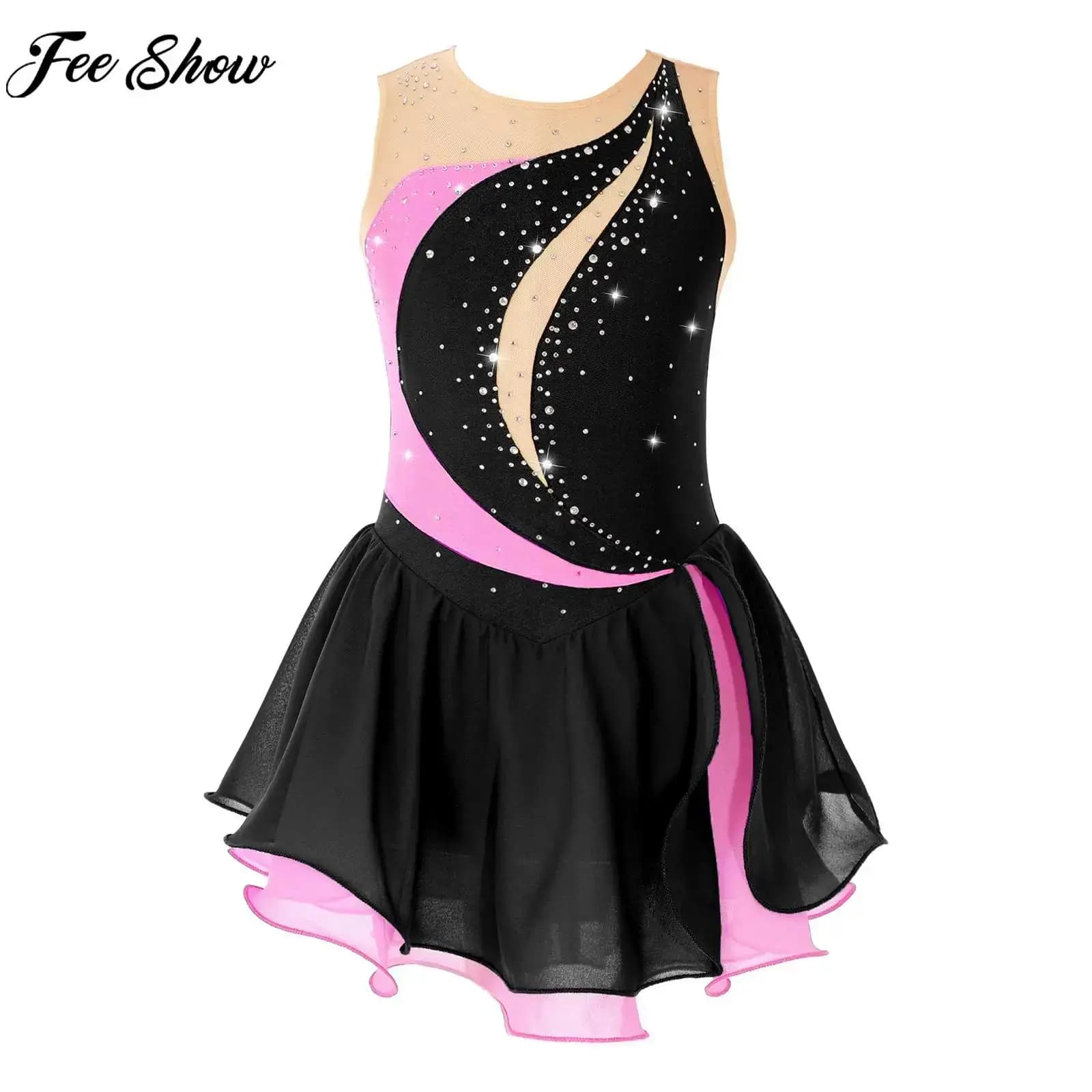 Bambino ragazze pattinaggio di figura vestito balletto danza lirica ginnastica Leotrad Tutu senza maniche lucido strass maglia trasparente Dancewear