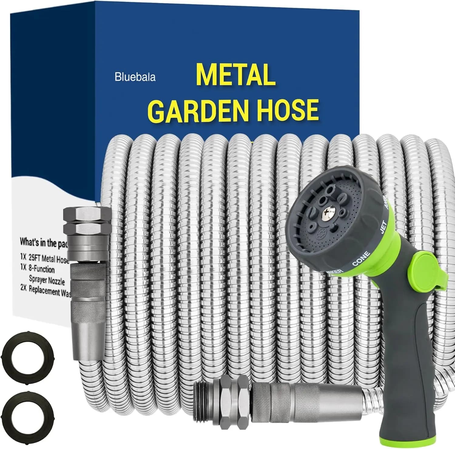 100FT Stainless Steel Garden Hose – 304 Steel, No-Kink, Leak-Proof, 8-Pattern Nozzle for Large Yards