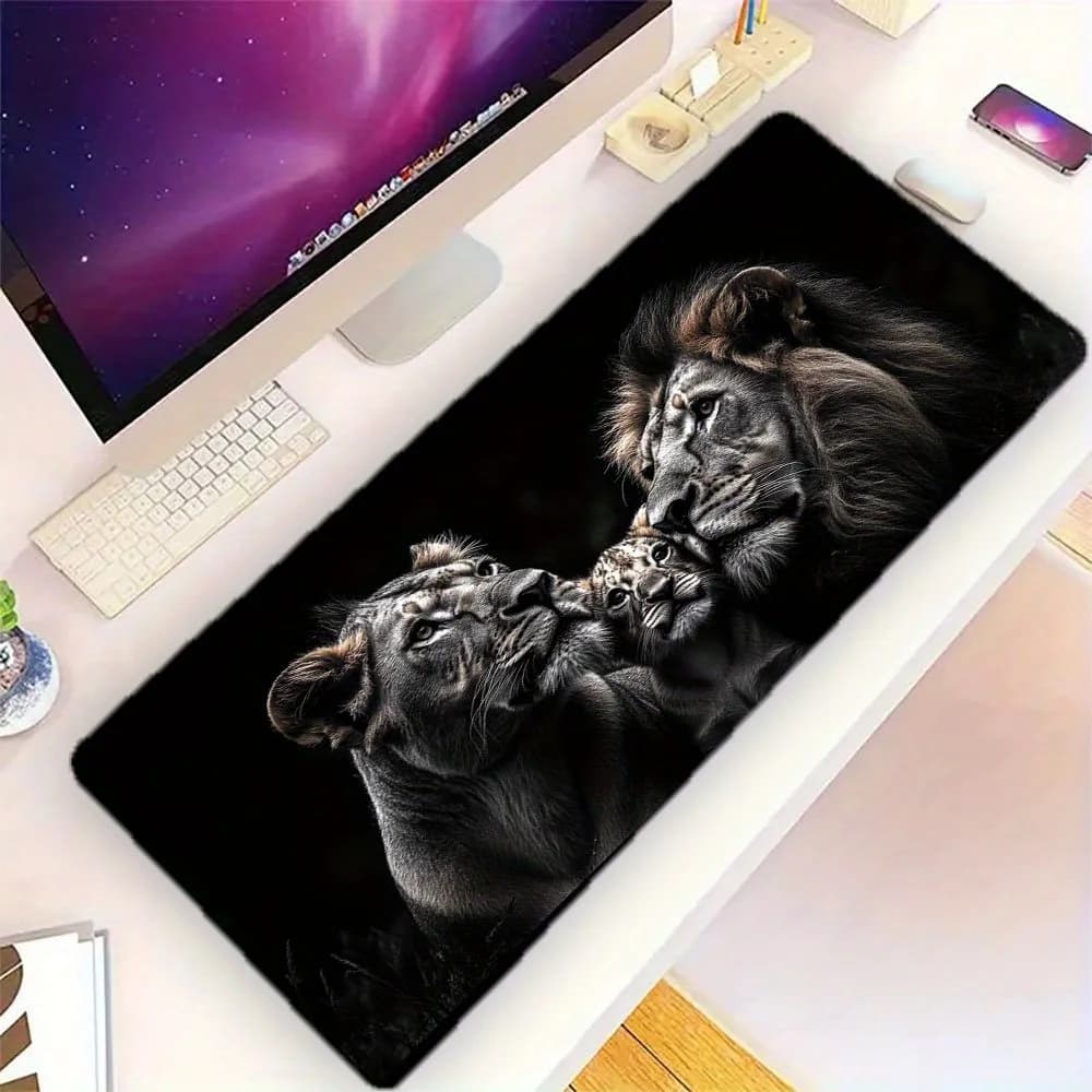 Tappetino per mouse grande con stampa di un'immagine della famiglia di leoni, in gomma resistente e antiscivolo, per gaming e ufficio