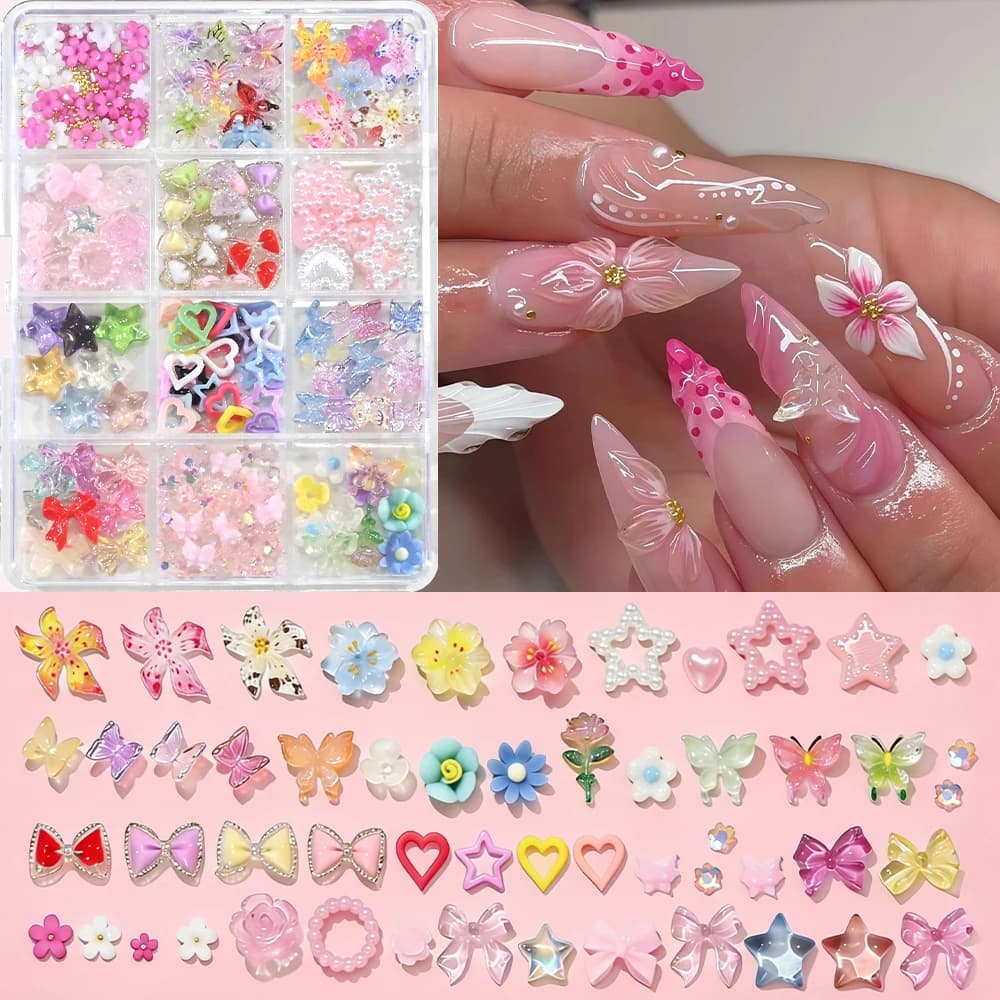 1 Scatola di Accessori per Nail Art con Fiori, Farfalle, Stelle, Cuori e Gemme, Kit di Decorazioni Pastello per Matrimoni e Manicure Fai-da-Te8