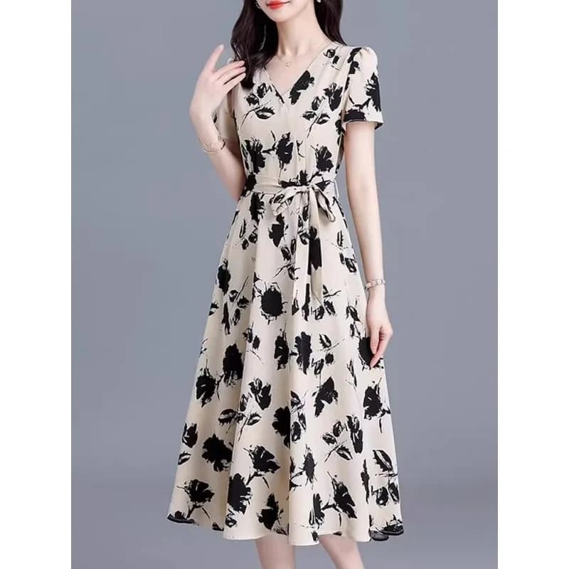 Elegante Abito Midi con Scollo a V, Maniche Corte, Stampa Floreale, Cintura in Vita, Linea ad A, per Occasioni Casual, Feste, Ufficio e Abbigliamento Formale