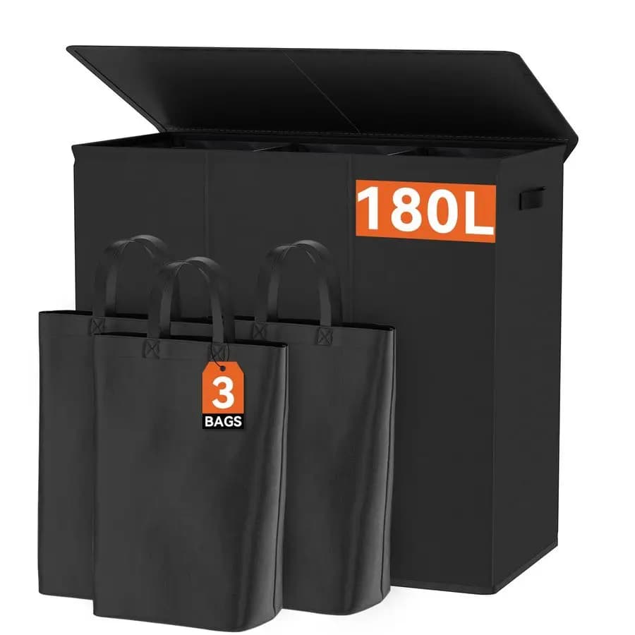 Cesto portabiancheria da 180 litri con coperchio a 3 scomparti, grande cesto portabiancheria con sacchi rimovibili e maniglie, cesto pieghevole per biancheria sporca.