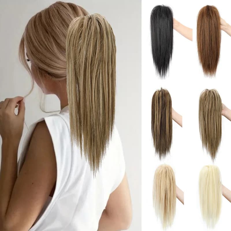 Women's wig, half-tied waterfall straight , sweet claw clip fountain high ponytail, artificial hair messy bun