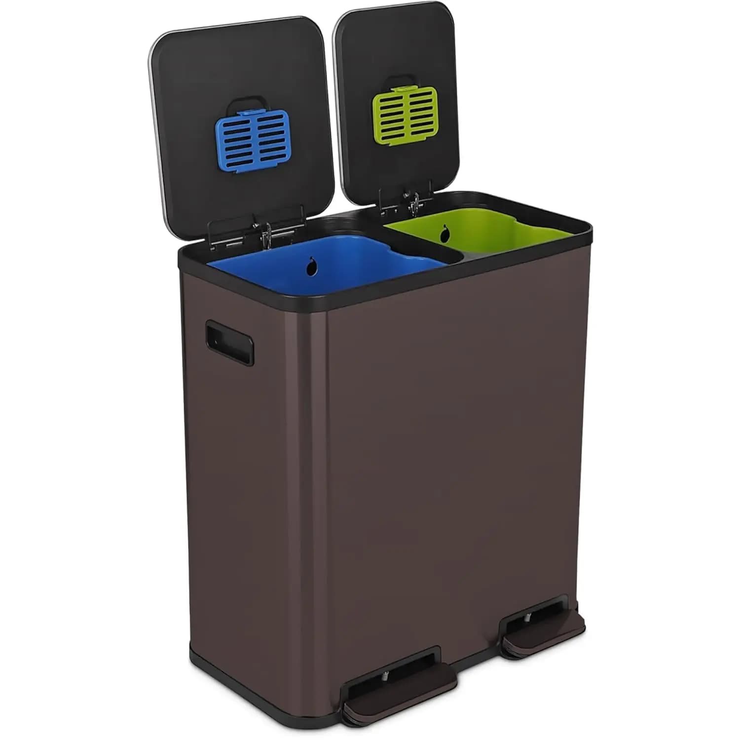 Bidone della Spazzatura Doppio in Acciaio Inox da 18,5 Galloni, con Pedale Senza Contatto, Coperchio a Chiusura Morbida, Filtro Anti-Odore, Contenitore per Riciclaggio 40L e 30L, Personalizzabile