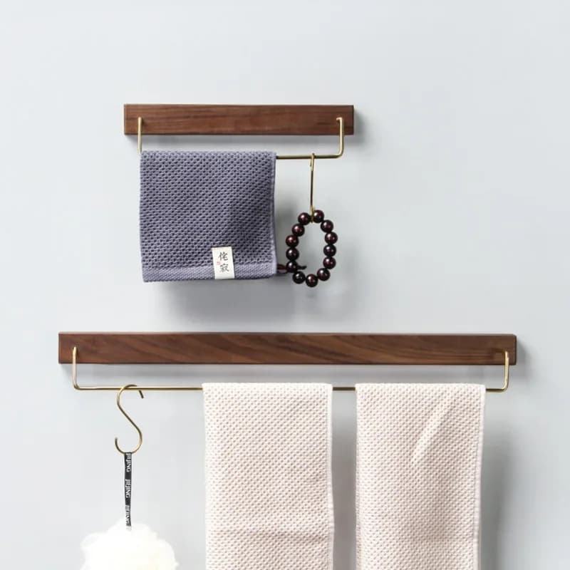 Black Walnut Wood Rack Wall Mounted Retro Bar Wooden Holder Brass Rail Brass Hooks for Bathroom Kitchen