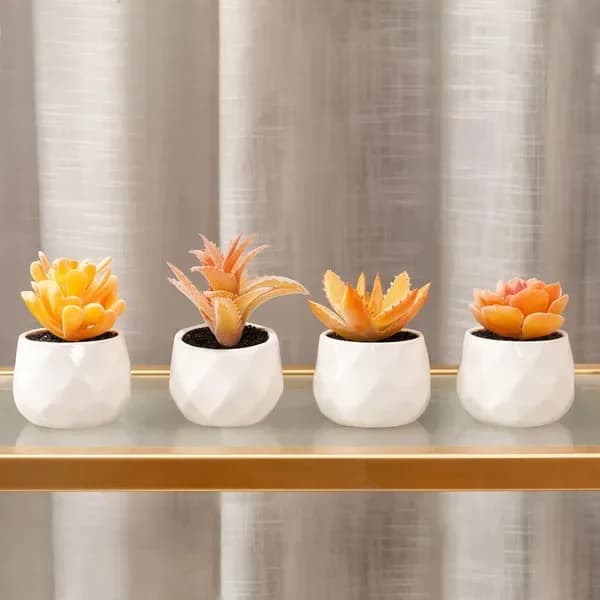 Artificial Grass Plants in Vase, Orange Fin Plants for Women's Desk, Small and Realistic