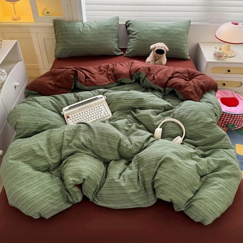 4pcs Bedding Set Breathable Washed Polyester AB Side Duvet Cover+Flat Sheet+Pillowcase Single Adult Kids All Season Bed Set Full