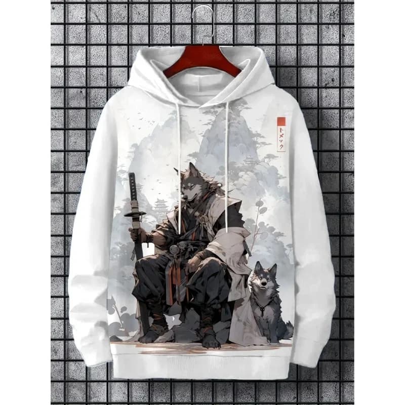 Felpa con cappuccio con tagliatelle a onde stampate in 3D per uomo Top a maniche lunghe con motivo lupo fresco Felpa casual Pullover Harajuku Felpe con cappuccio larghe