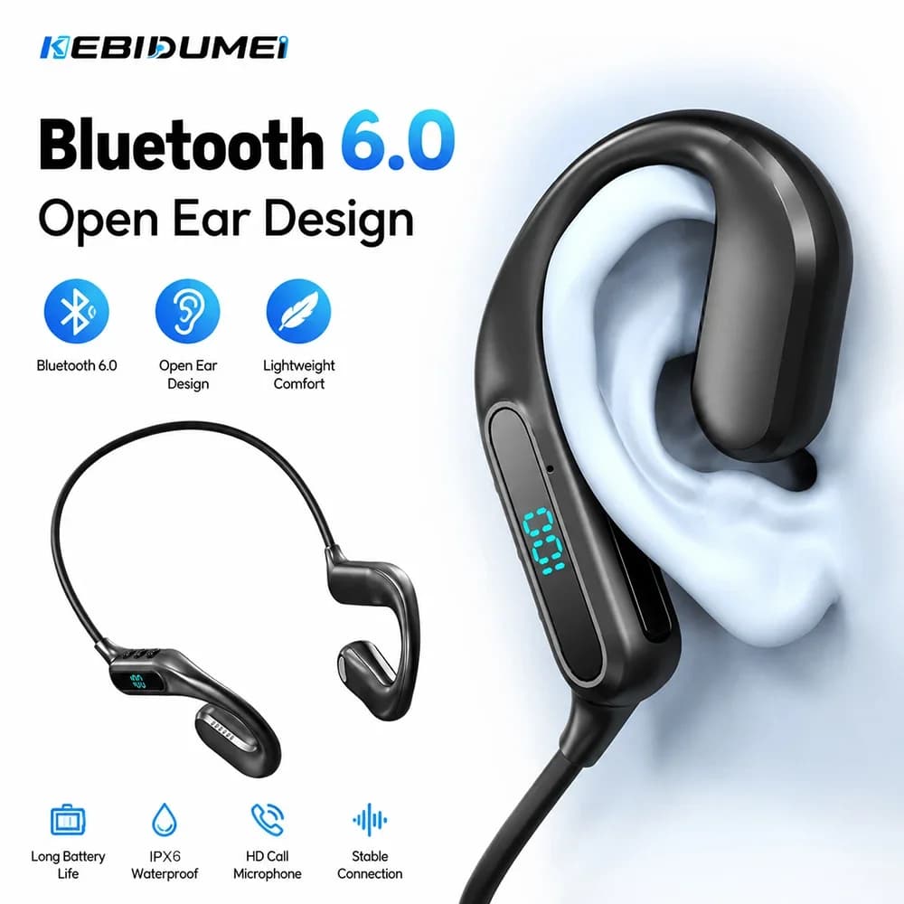 KEBIDUMEI Bluetooth 6.0 Air Conduction Headphones Open Ear Earbuds LED Display TF Card Play Noise Reduction Wireless Earphones