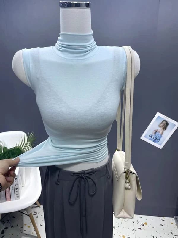 Women's Slim Fit High Collar Sleeveless Vest Color Handmade Sexy Base T-Shirt Summer New Arrival Commute Style Korean V...