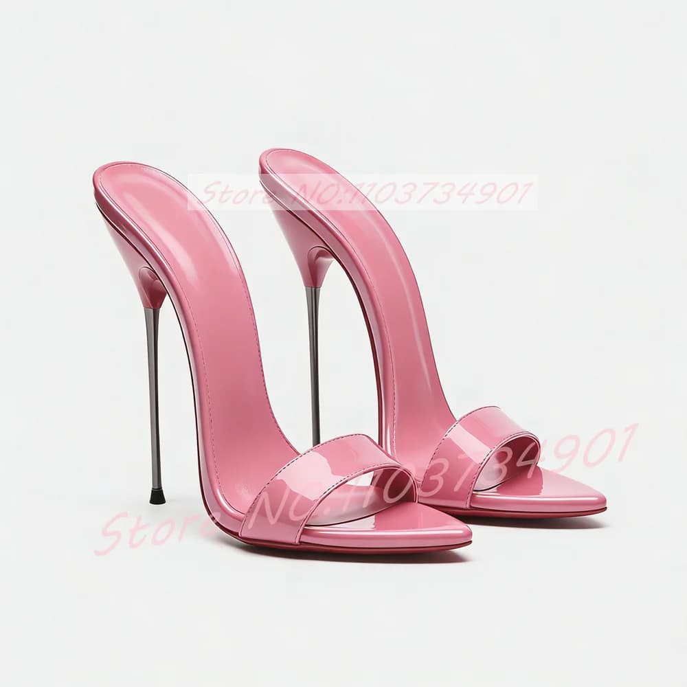 Gold Metallic Ultra-Thin Stiletto Heels Mules Slippers 16CM Women Sexy Pointed Toe Mules Feminine Patent Leather Mules Size 46