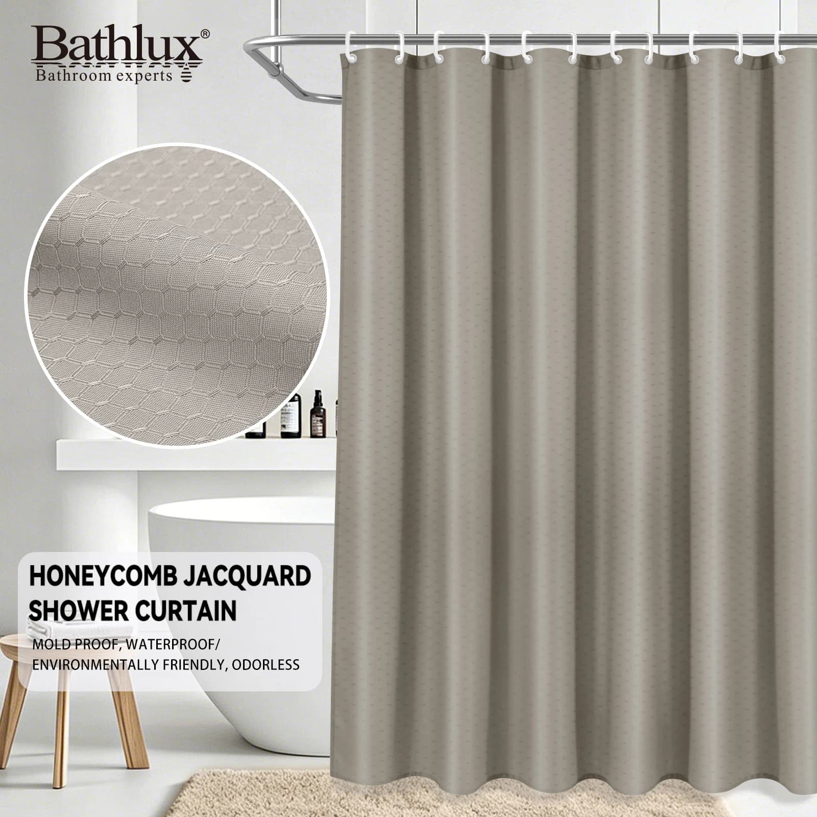 Tenda da Doccia BATHLUX in Tessuto Jacquard a Nido d'Ape in Poliestere, Impermeabile e Antimuffa, 72x72 Pollici con 12 Ganci, Decorazione per il Bagno