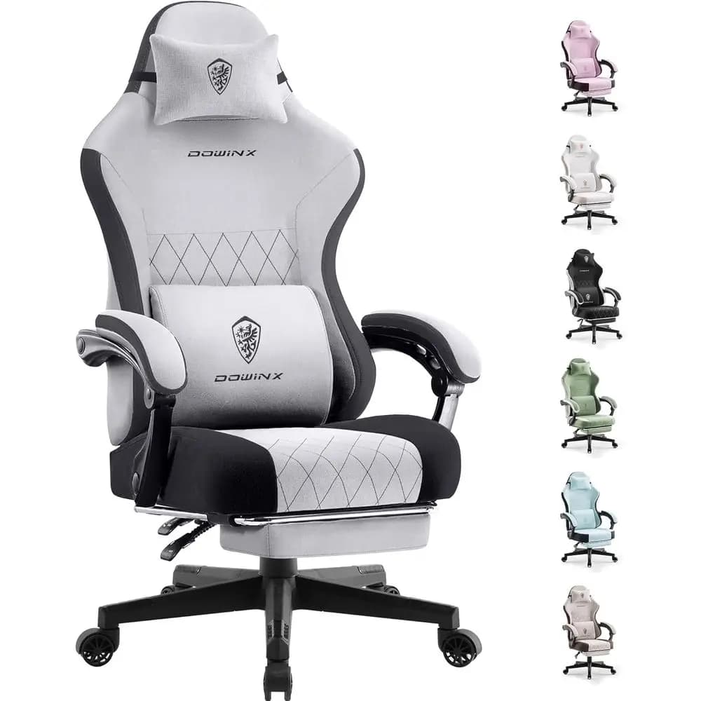 Ergonomic Gaming Chair with Footrest, Adjustable Height, Lumbar Support, White and Grey