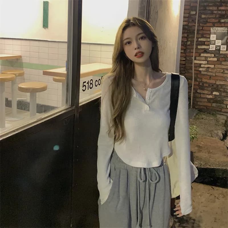 Maglietta da donna slim fit a maniche corte in maglia, maglia a maniche lunghe, top in maglia irregolare, nuovo stile autunnale, stile casual/da lavoro