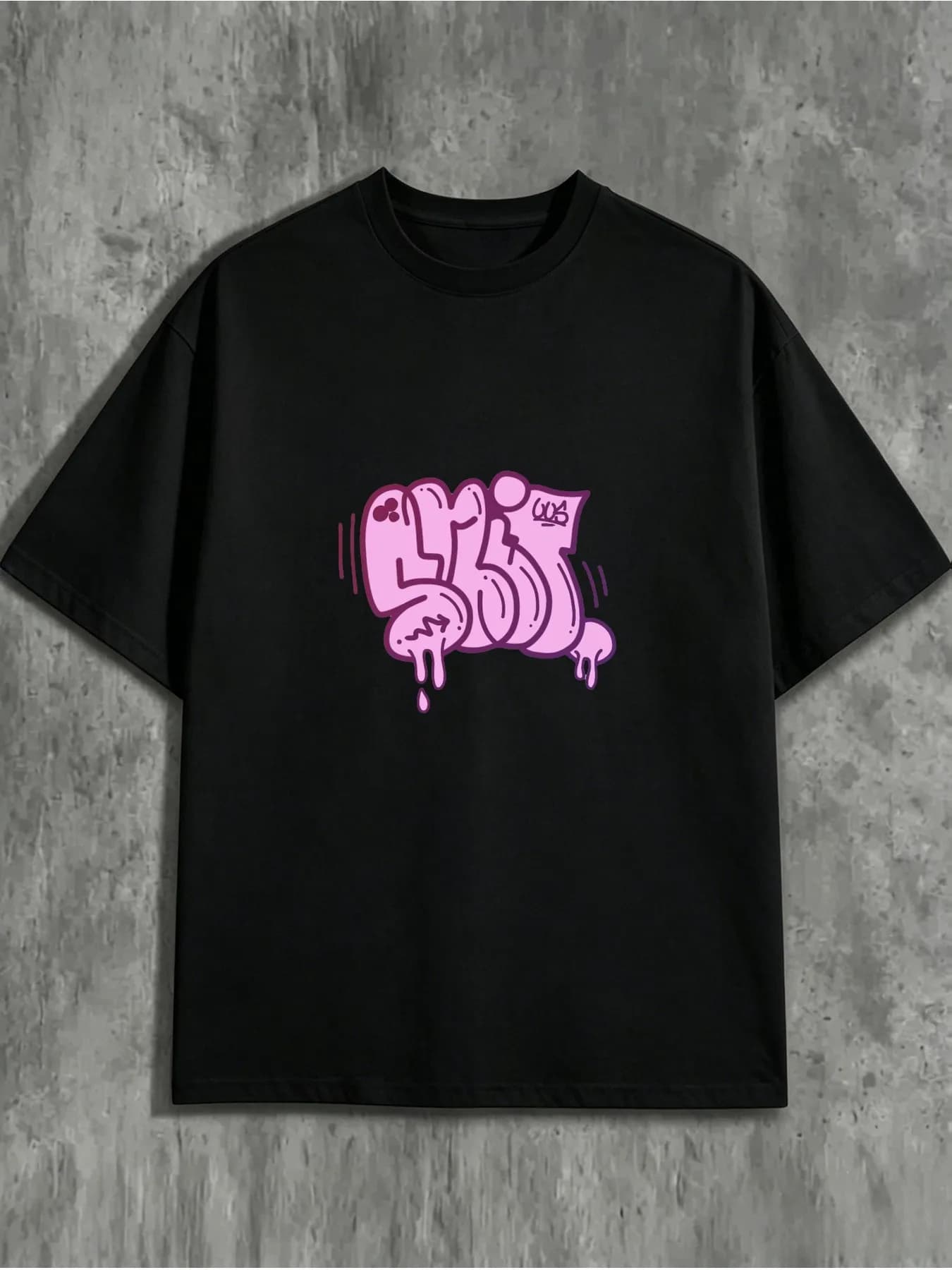 Men's Graffiti-Style Pink "Miss" Graphic Print T-Shirt, Soft and Breathable Blend Fabric Casual Round-Neck Short-Sleeve T-Shirt, Suitable for Everyday Wear, Street Style Enthusiasts, and Hip-Hop Fans