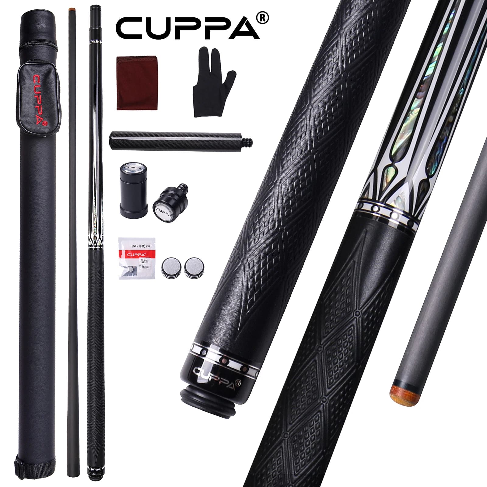 Canna da Biliardo Professionale CUPPA da 58 Pollici con Intarsio, Canna da Gioco in Fibra di Carbonio da 58 Pollici, Asta Pro Taper a Bassa Deflessione, Punta da 12,5 mm con Custodia