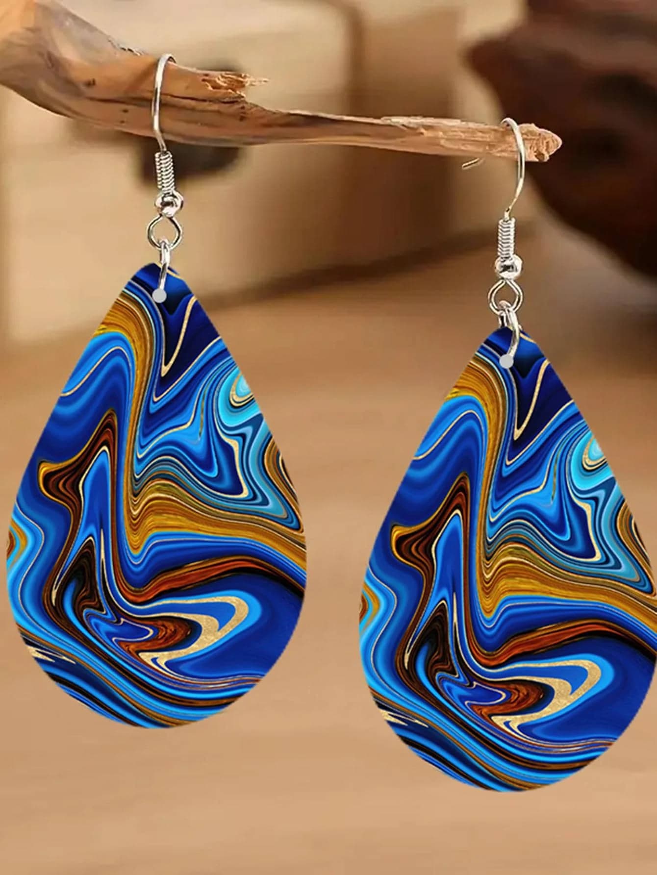 Boho Style Blue Swirl Wooden Drop Earrings For Women