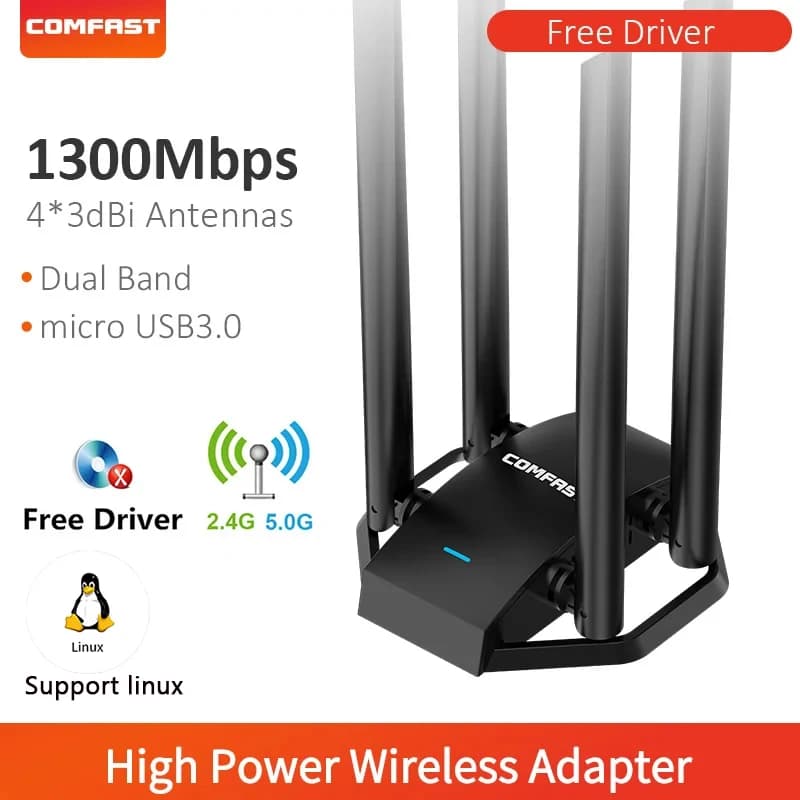 Adattatore Wifi 1300M MT7612 USB3.0 Cavo di rete WI FI Dongle 2.4G 5Ghz Daul Band Ricevitore antenna senza fili per PC Win10/11 Linux