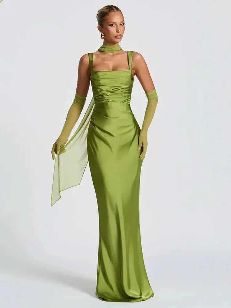 GACVGA Abito lungo sexy senza schienale in raso da donna Elegante scollo all'americana con spalle scoperte Senza maniche sul retro Abiti lunghi da festa aderenti con lacci