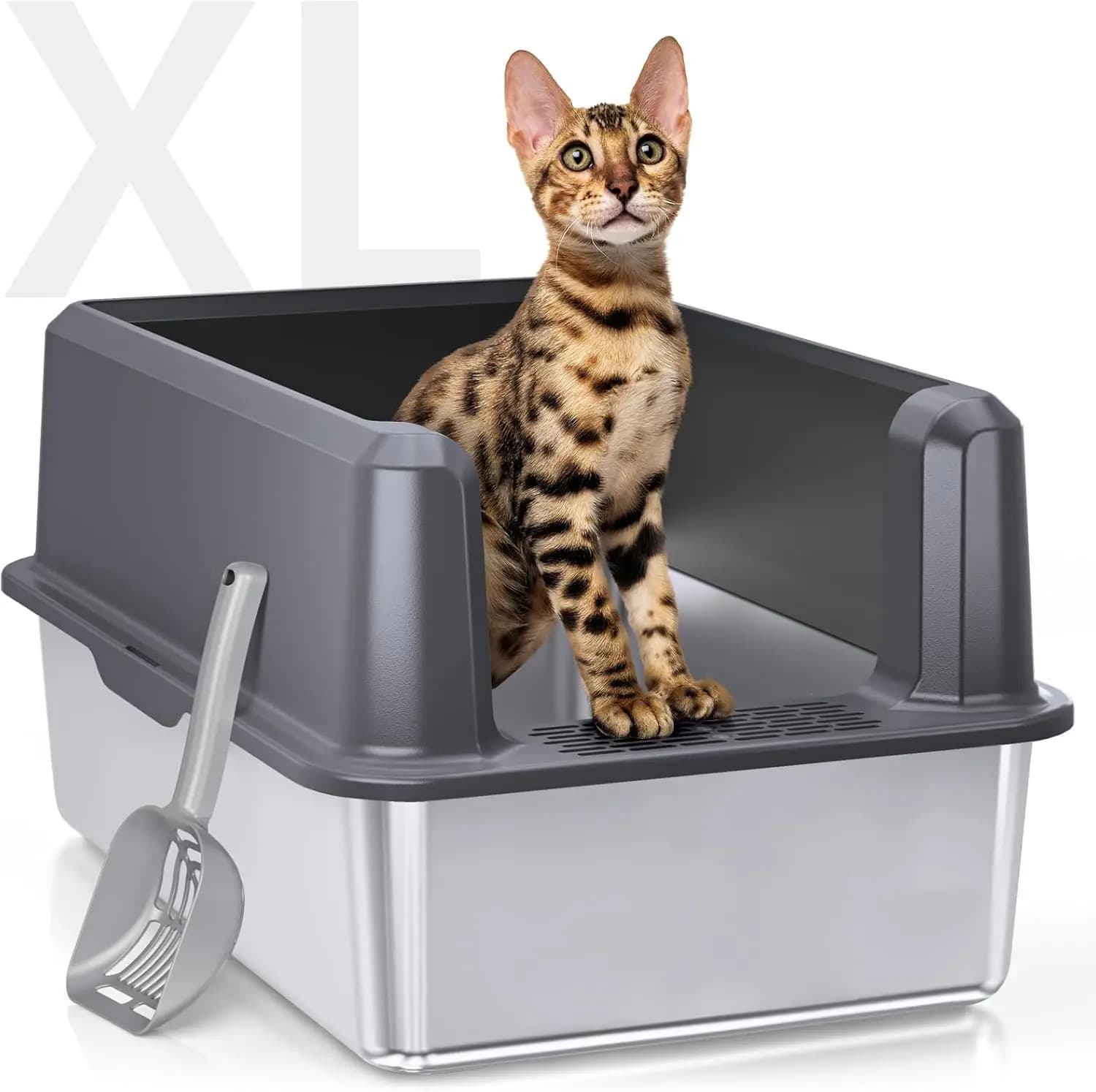 Lettiera per Gatti XL in Acciaio Inossidabile con Coperchio, Box con Bordi Alti per Gatti Grandi, Anti-Odore e Facile da Pulire
