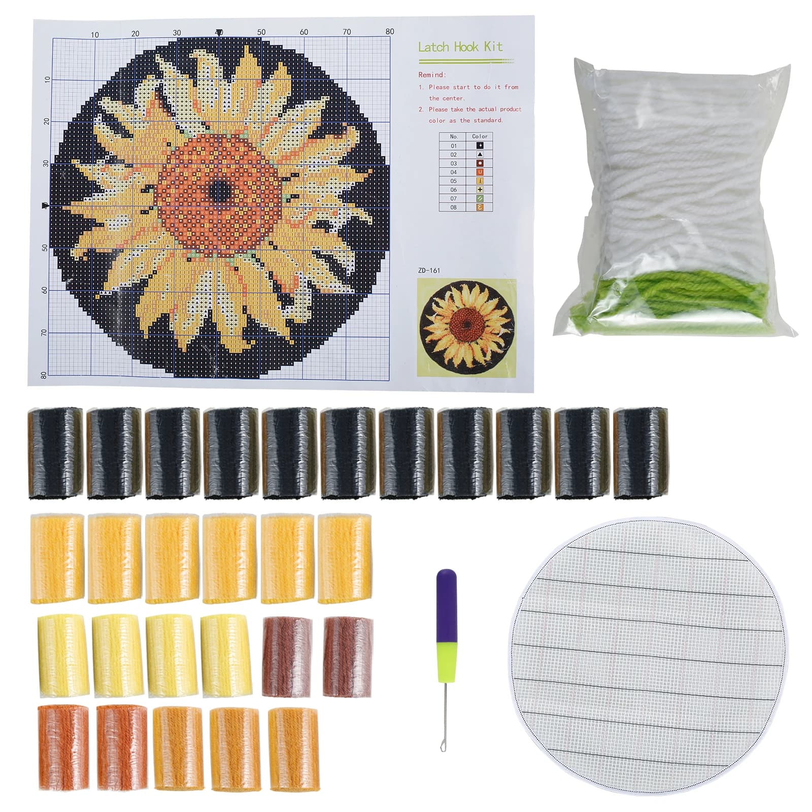 Kit tappeto con gancio di chiusura all'uncinetto con motivo girasole con gancio per uncinetto in tessuto ricamato e filato per tappetini, cuscini, decorazioni murali
