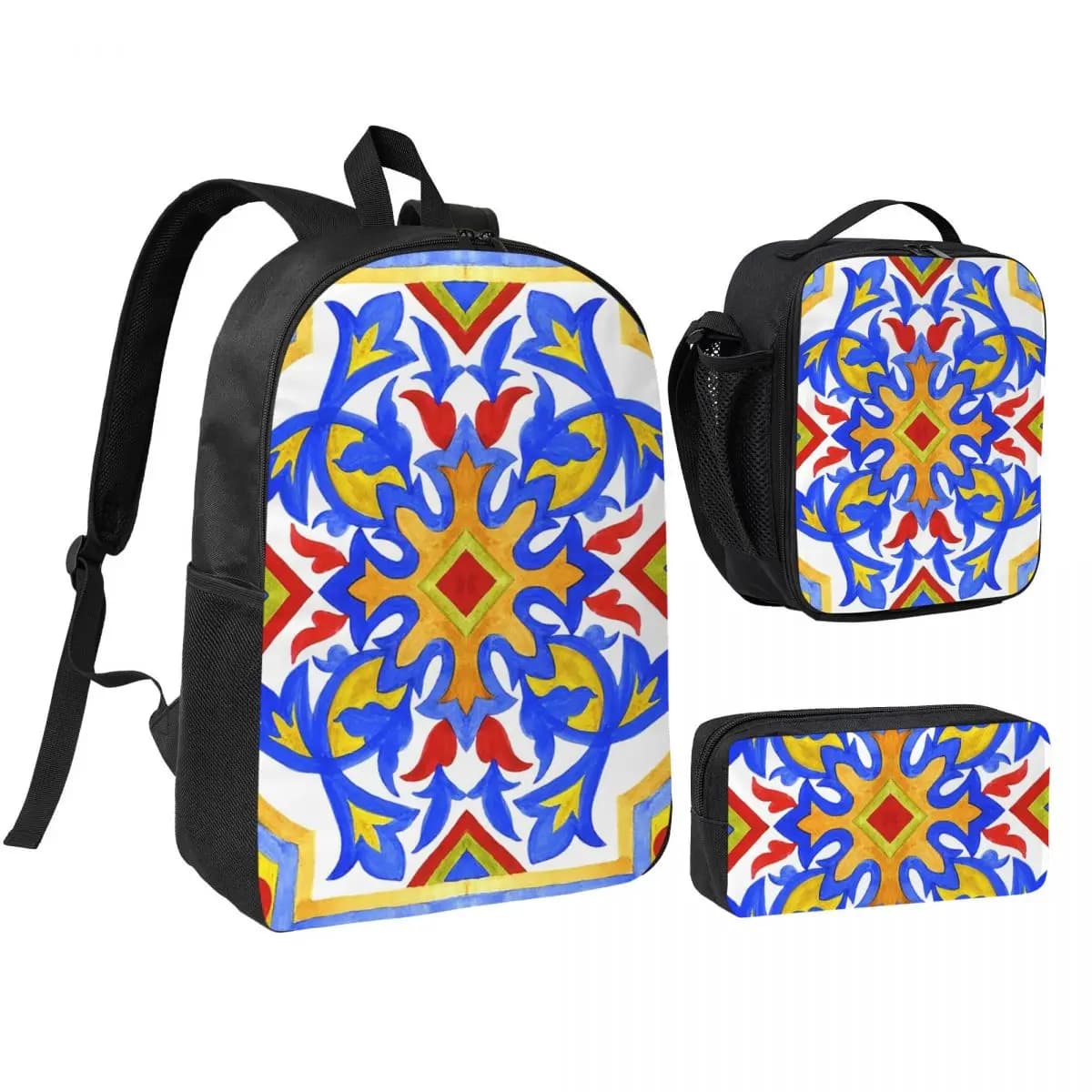 Zaino per studenti con motivi Azulejo portoghesi, Borsa a tracolla, Set da 3 pezzi: Borsa termica per il pranzo, Astuccio