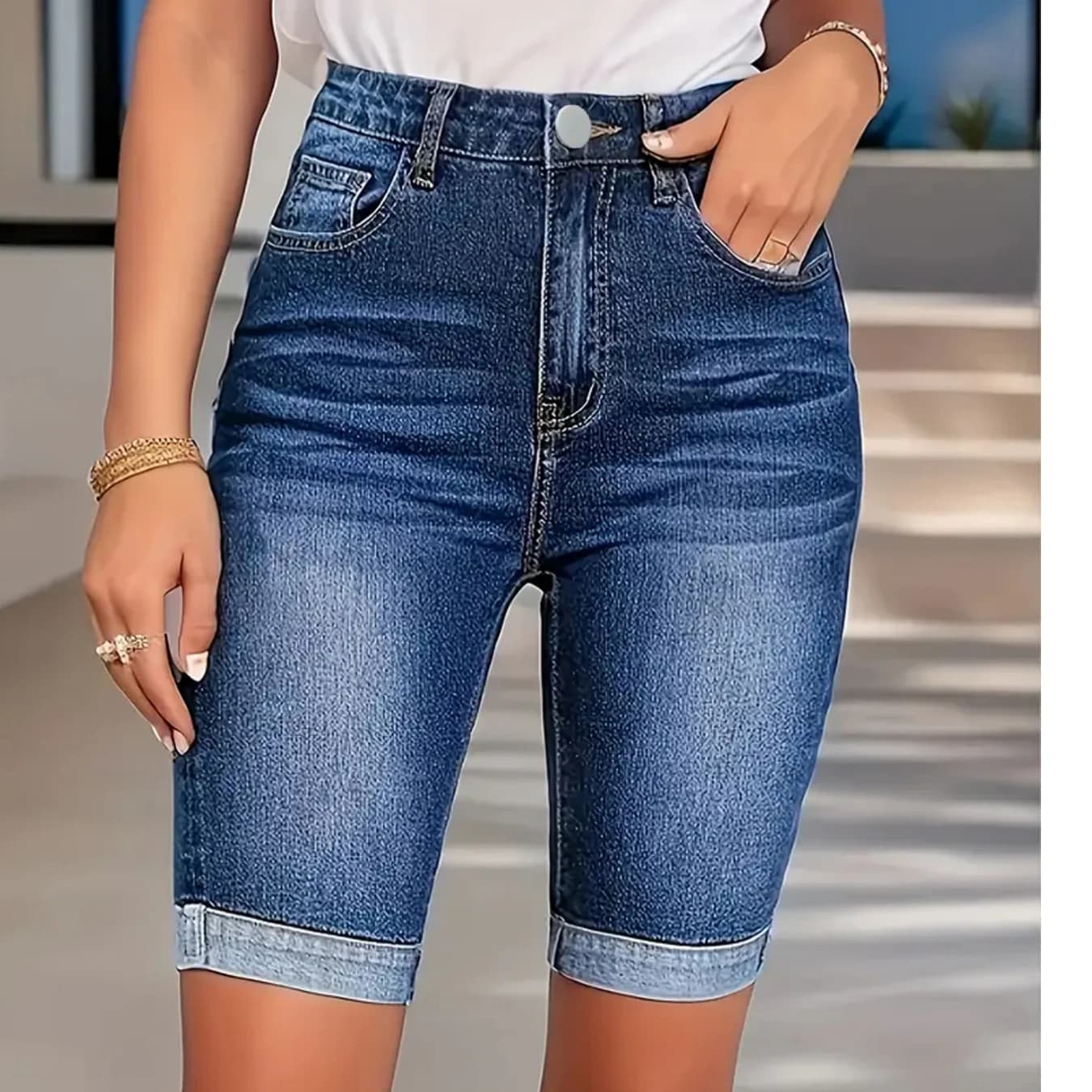 Shorts in denim a vita alta da donna, modello slim, gamba dritta, orlo arrotolato, 5 pollici, eleganti, casual, chic, vintage, per l'estate