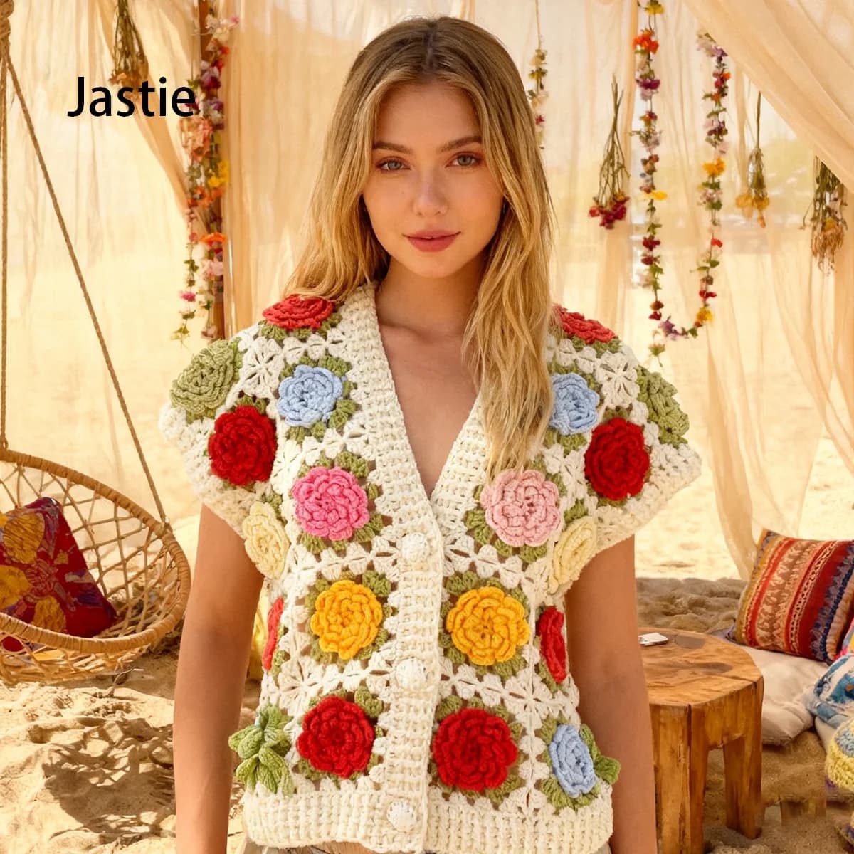 2025 Vacanza Bohemian Gancio a mano Tridimensionale Rosa Hollow Scollo a V Top lavorato a maglia Primavera e autunno Cardigan lavorato a maglia