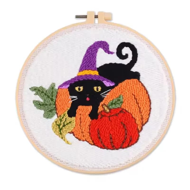 RUOPOTY Punch Needle Crafts Cross Stitch Black Cat and PumpkinKits Animal Embroidery Beginner Kit For Adults Art Making Kits