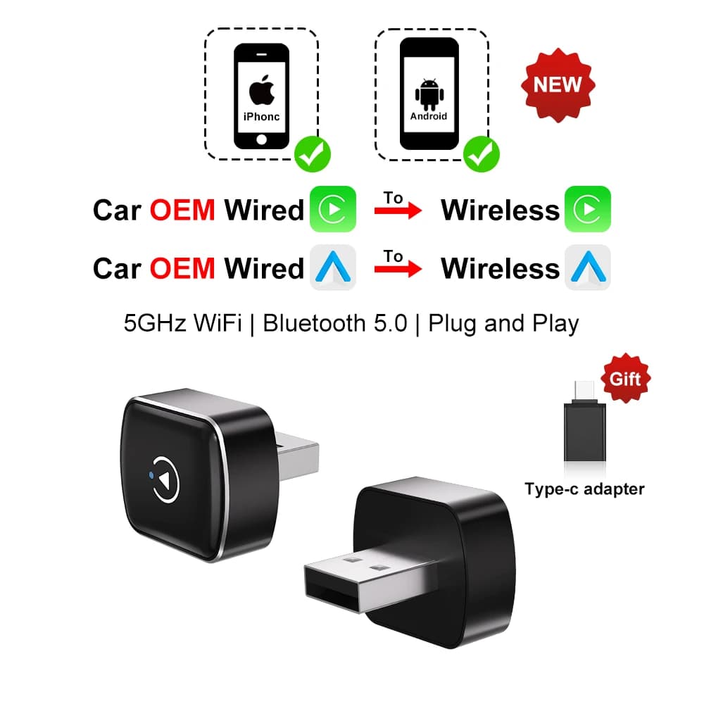 2026 Wireless CarPlay Android Auto USB Adapter Dongle Smart Mini Box Plug and Play Universal for Toyota Nissan Honda Ford Car