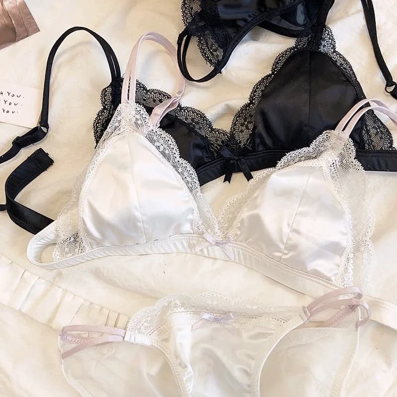 Reggiseno francese sexy con coppa a triangolo in pizzo tinta unita senza anello in acciaio Seni piccoli raccolti Supporto set di biancheria intima anti-cedimento