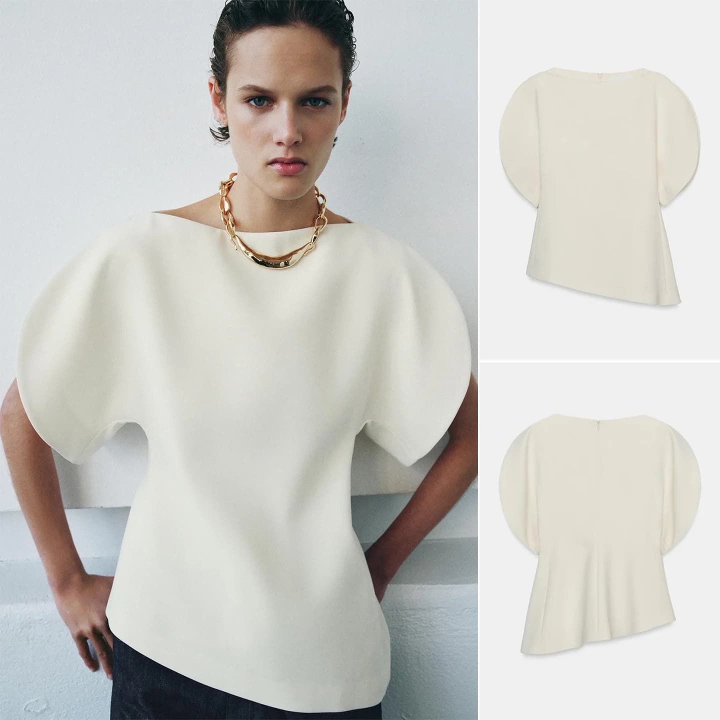 Spring Women's Casual Zipper Asymmetric Hem One-Shoulder Bubble Sleeve Top Slim Fit Polyester Fiber Short Sleeve T-Shirt