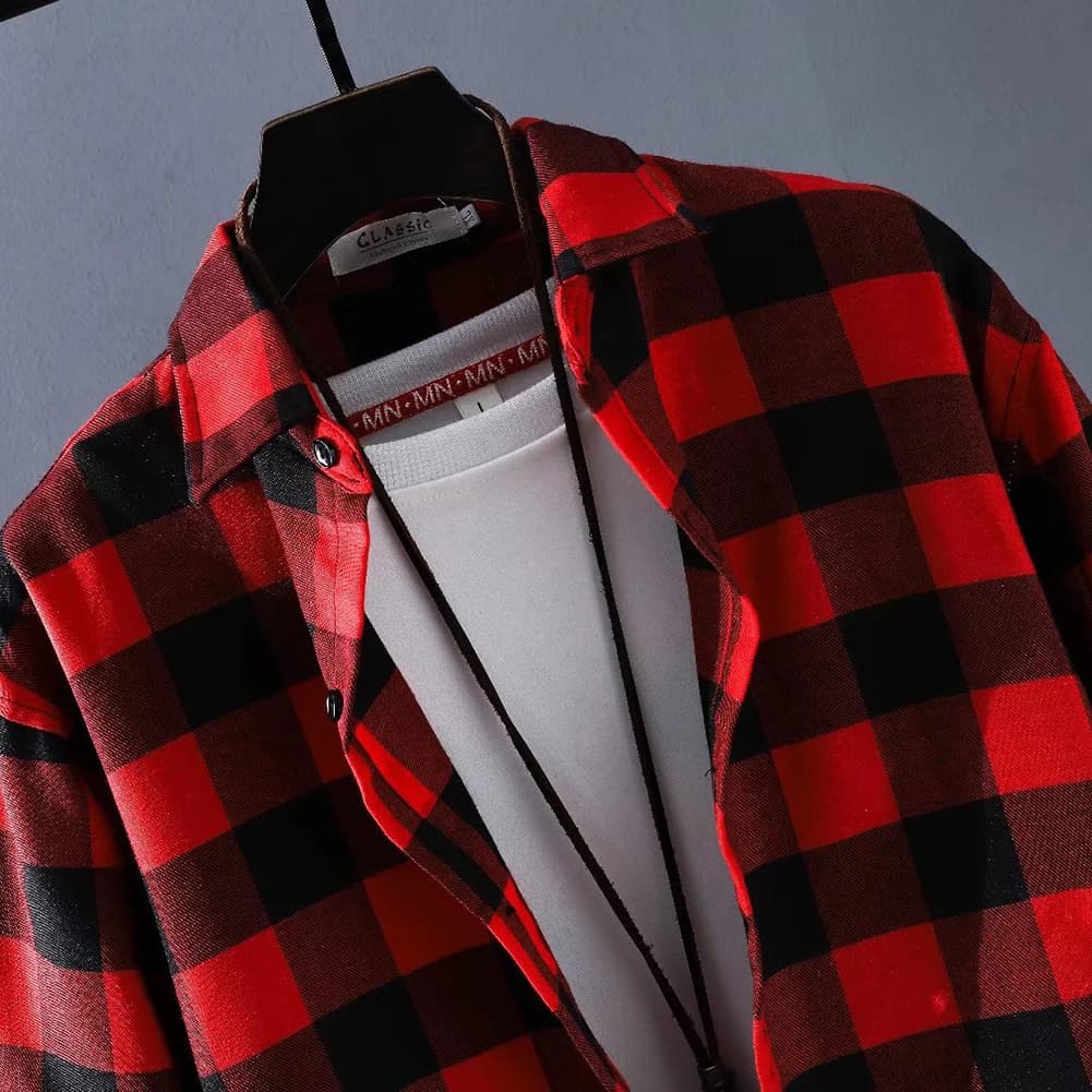 Camicie a quadri abbottonate da uomo alla moda cappotto largo top con risvolto camicie a quadri a maniche lunghe abbigliamento da lavoro Casual rosso nero