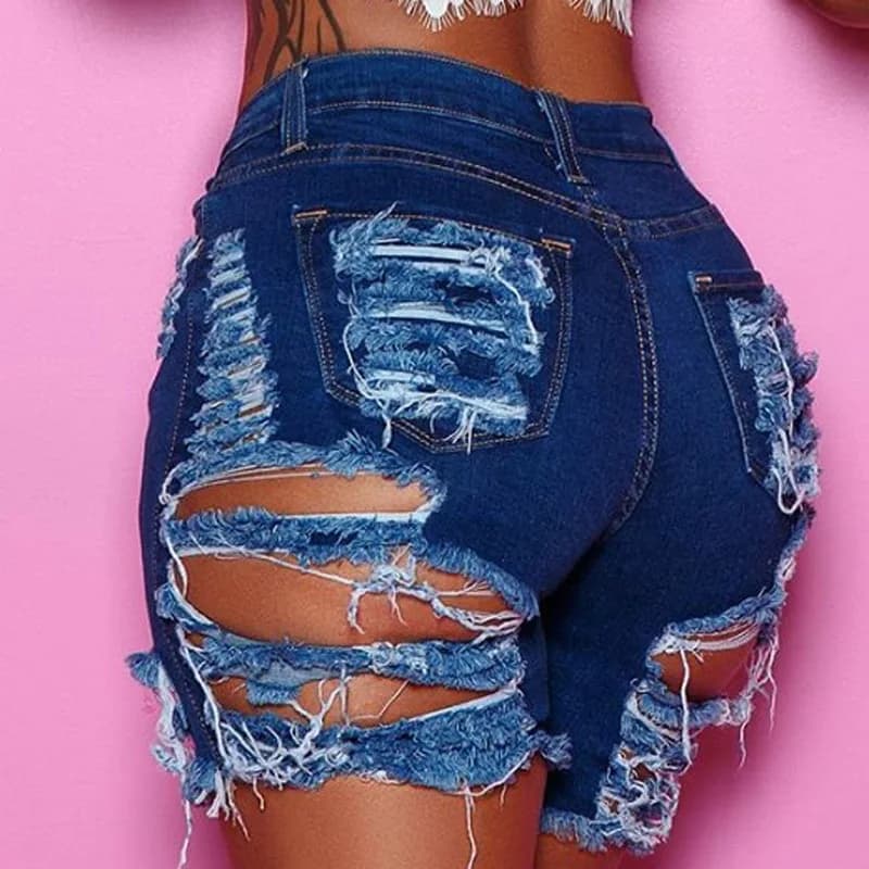 Shorts in denim da donna a vita alta stile street, strappati, elasticizzati, in cotone e PU