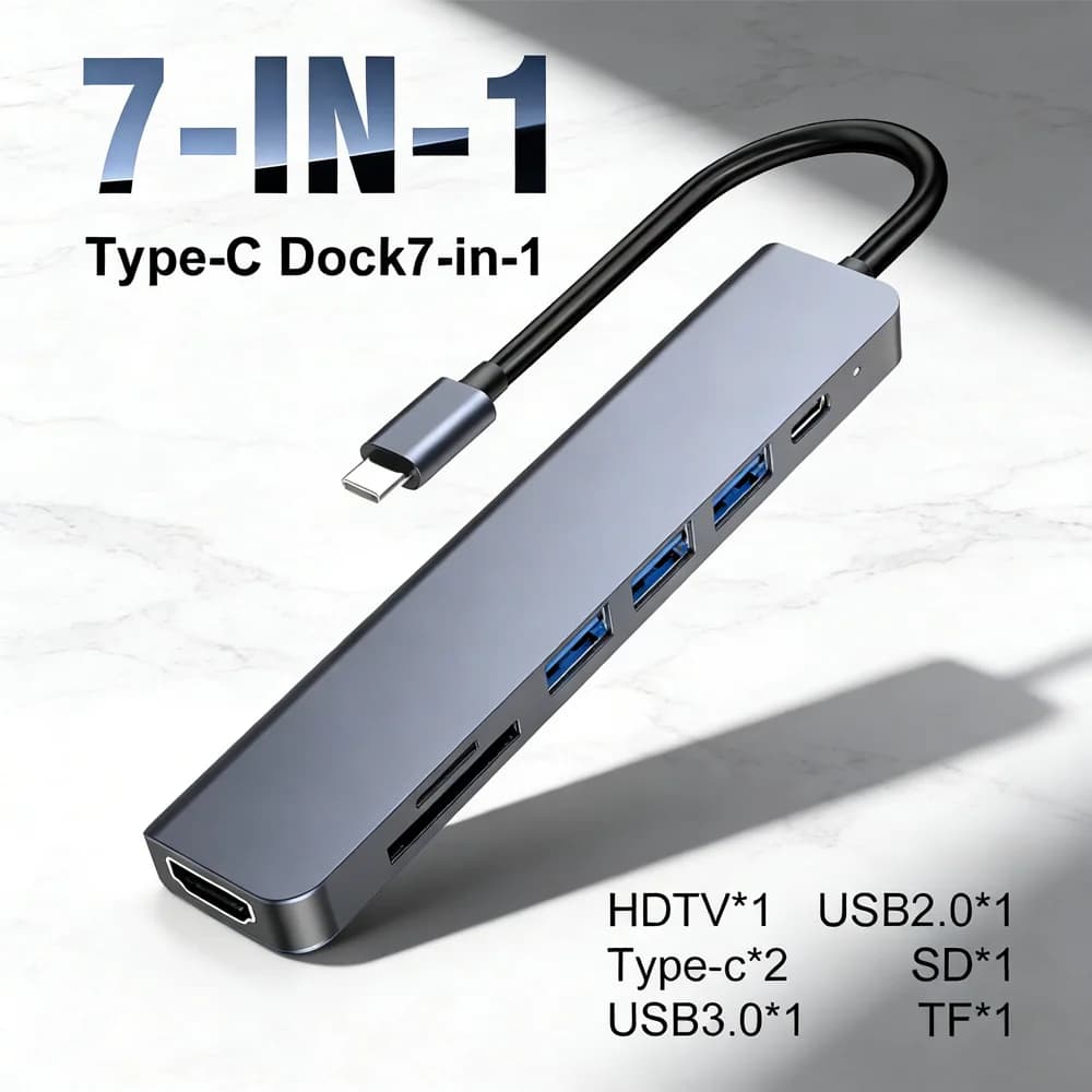 Docking Station 7-in-1 (USB-C): HDMI 4K, USB 3.0, Ricarica PD 87W, Lettore Schede SD/TF – Compatibile con Laptop, Tablet, Telefono