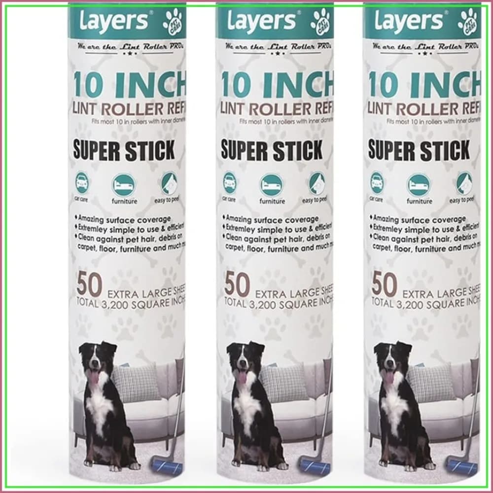 Layers Large Lint Roller Refill, 10 in Wide, 3 Packs for Most Large Rollers