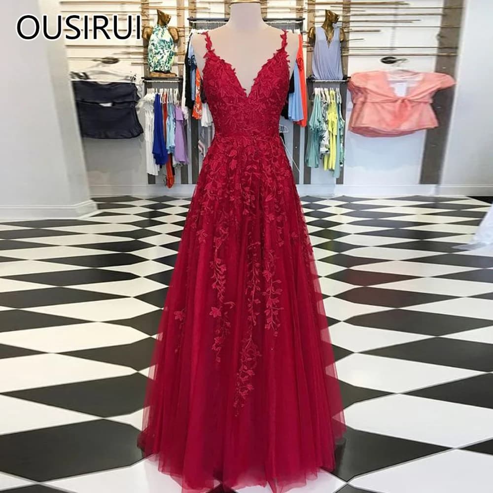 OUSIRUI V-neck Spaghetti Straps Tulle Prom Party Dress with Lace Backless Floor-Length Court Prom Club Gown vestidos de festa