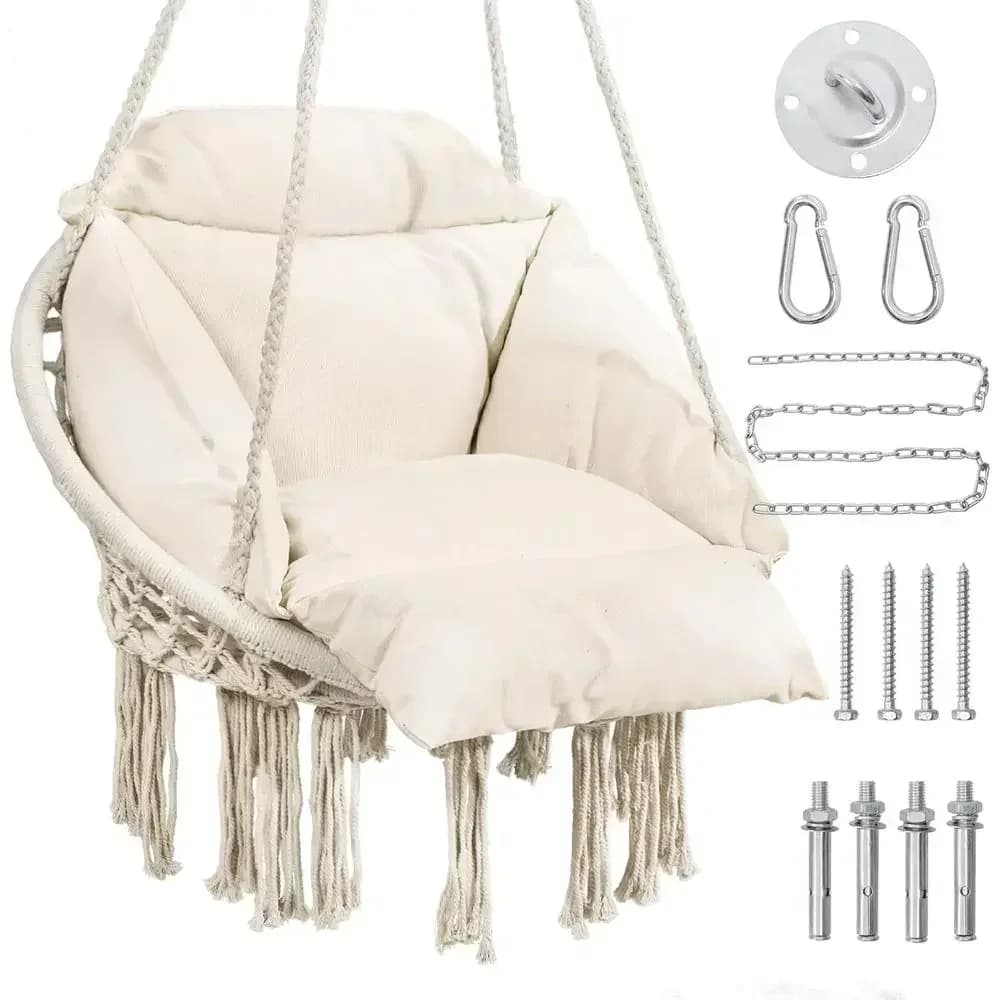 Oversized Boho Hammock Swing Chair with Cushion, Suitable for Indoor, Outdoor, Balcony, Porch, Beige