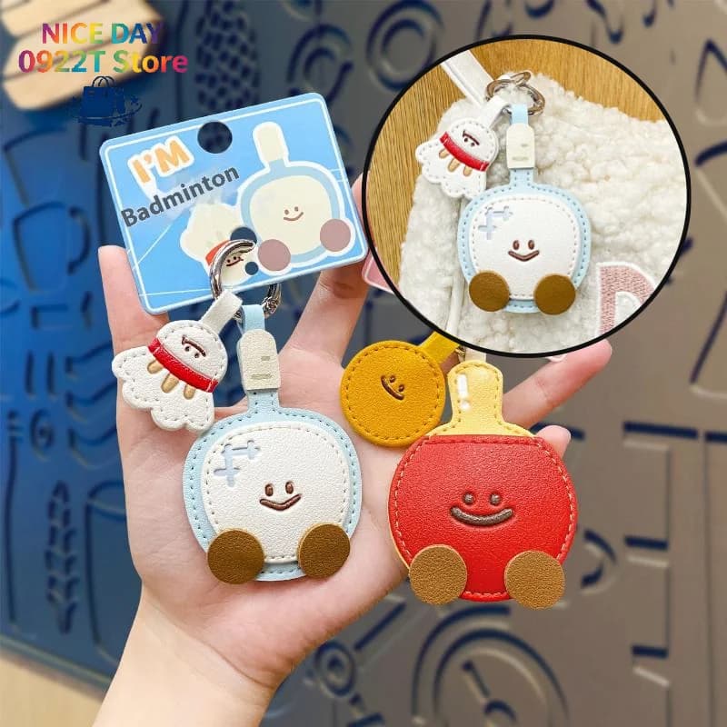Cute Cartoon Racket Keychain Pendant, Kawaii Badminton Table Tennis Leather Strap Backpack Decor@#X
