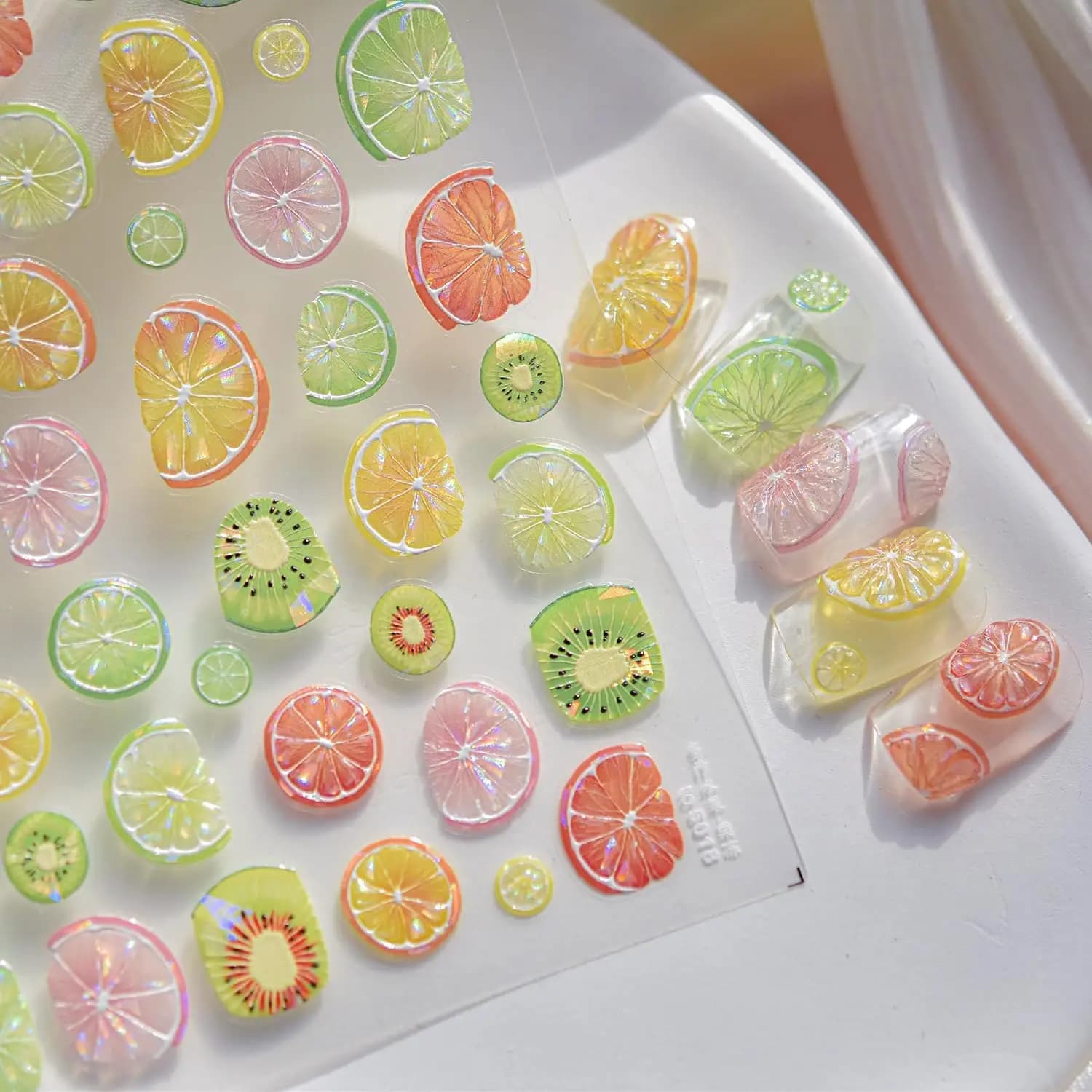 Stickers for 5D Nails with Summer Fruit in Relief, Lemon and Kiwi, Self-adhesive Fai-da-Te Decorations for Female Manicure