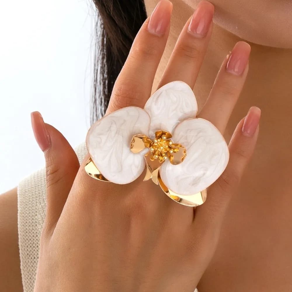 Set Bracciale e Anello Floreale in Metallo, Bracciale Floreale Bohemien Esagerato con Smalto a Goccia, Bracciale a Polsino Floreale Aperto Regolabile, Festivo