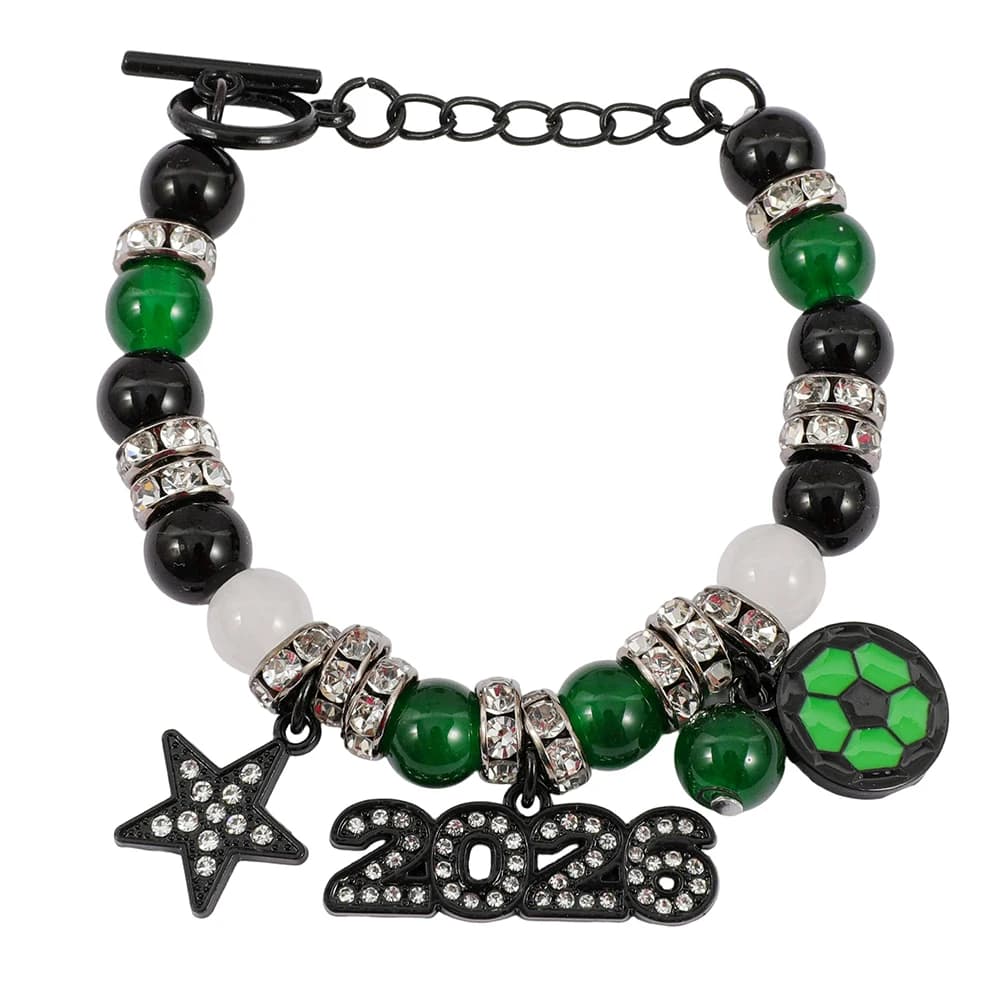 2026 Football Charm Bracelet, Zinc Alloy Rhinestone Star Pendant, Mixed Color Beaded Adjustable Sports Jewelry for Men Women