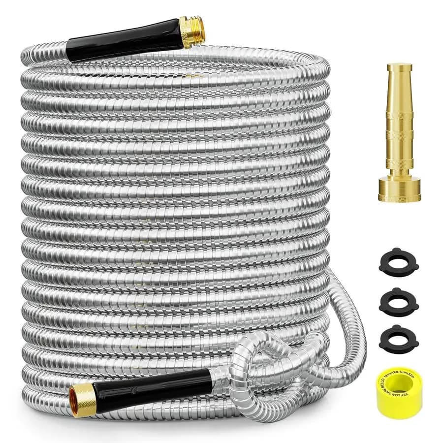Tubo da Giardino in Acciaio Inossidabile 304 da 15 Metri, Tubo Flessibile per Acqua Resistente con 3 Connettori in Ottone Massiccio da 3/4, NoE