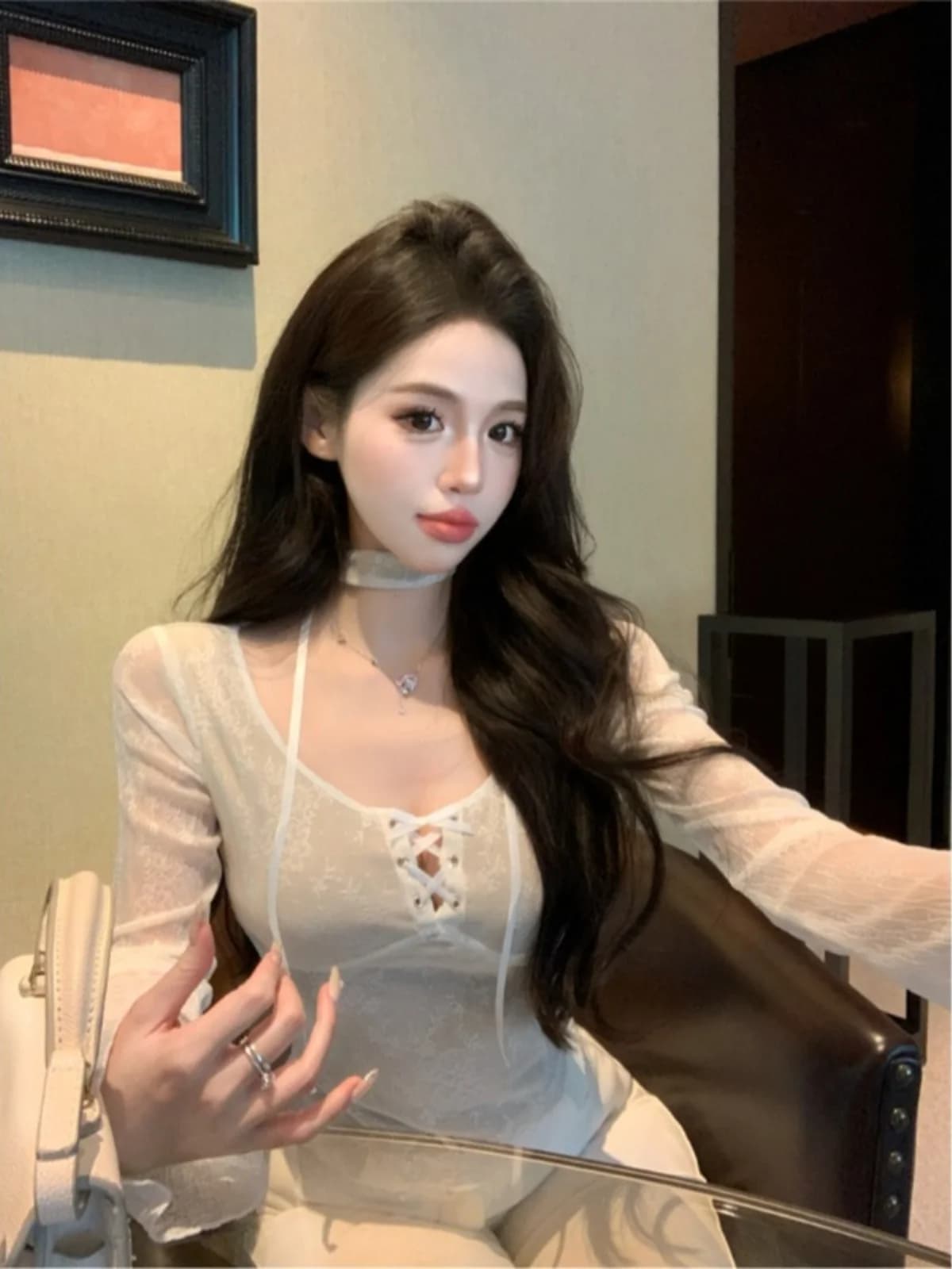 Top modellante da donna in pizzo con scollo a V, per la primavera, effetto snellente, due pezzi, con filo brillante, famoso su Internet