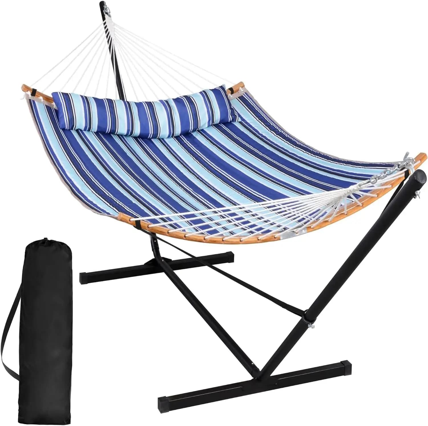 Double Hammock with Stand and Large Pillow, Portable, Blue Stripes