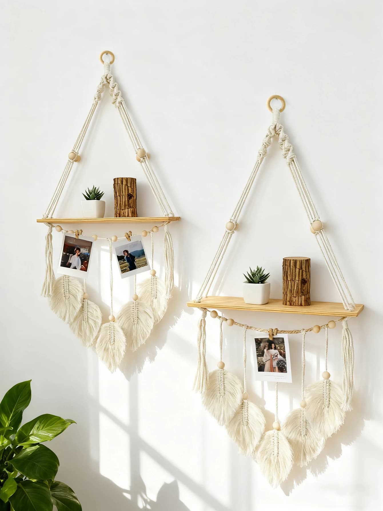 Boho Macrame Wall Hanging Shelf with Leaves Tassels Wooden Bead Floating Shelf for Home Bedroom Plant & Photo Display Decor Gift