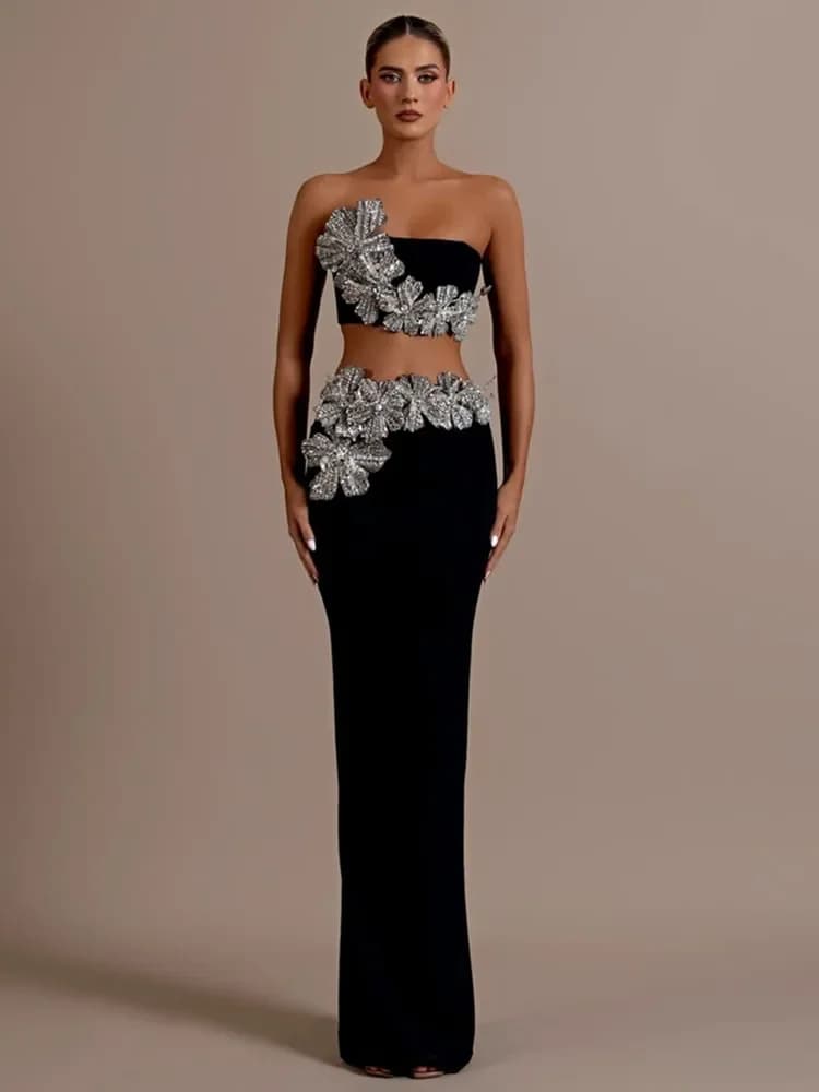 Brand New Women Sexy senza spalline Diamanti di cristallo Fiore Nero Due pezzi Fasciatura lunga Set 2024 Celebrity Evening Party Set da donna